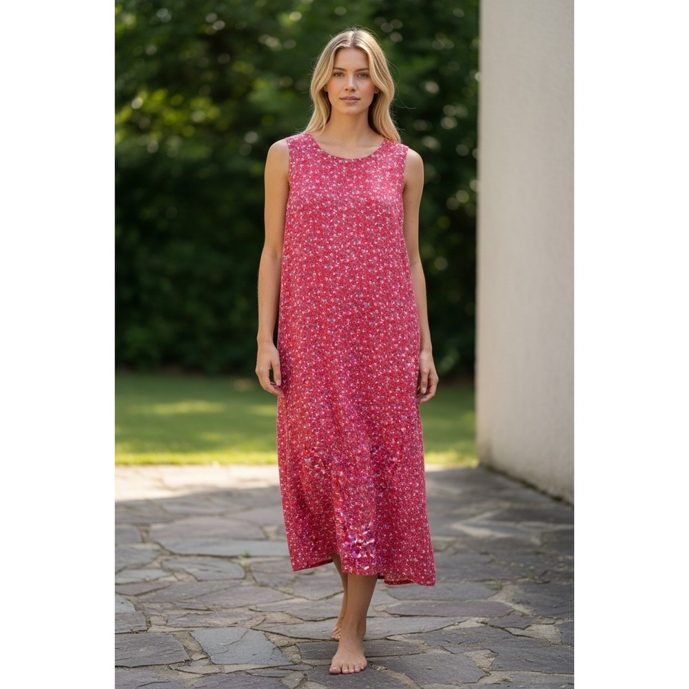 Linen Blend Midi Dress 10‎ Red Floral Sleeveless Shift Cottagecore 90s Summer